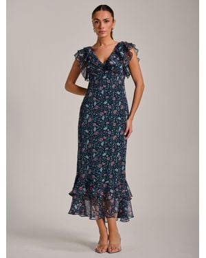 Jolie Moi Ruffle V-Neckline Chiffon Midaxi Dress - Blue