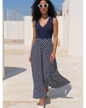 Roman Chevron Print Ribbed Midi Dress - Blue