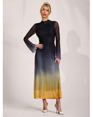Jolie Moi Long Sleeve High Neck Mesh Dress - Blue