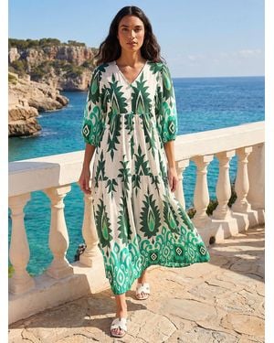 Roman Aztec Print V-Neck Midi Dress - Blue