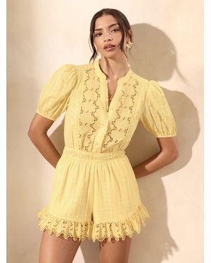 Lipsy Cotton Broderie Mix Puff Sleeve Button Through Summer Playsuit - Yellow