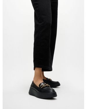 Fitflop F-Luma Square Chain Leather Demi Wedge Loafers - Black