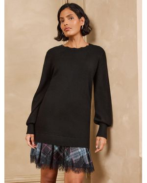 Love & Roses Petite Woven Mix Crew Neck Knitted Mini Dress - Black
