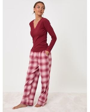Threadbare Petite V-Neck Top & Flannel Bottoms Pyjamas Set - Red