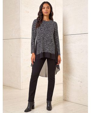 Roman Spot Print Chiffon Hem Stretch Top - Black
