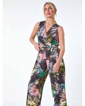 Roman Tropical Print Wrap Jumpsuit - Blue