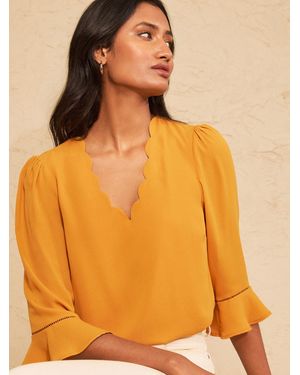 Love & Roses Ochre Petite Scallop V-Neck Flute Sleeve Blouse - Orange