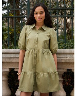 Threadbare Tiered 100% Cotton Poplin Button Up Mini Dress - Green