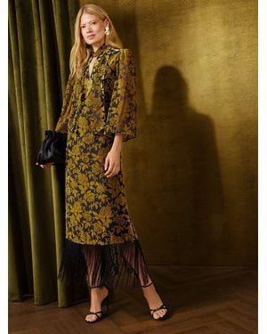 Love & Roses Ochre Sleeveless Tie Neck Devore Fringed Midi Dress - Green