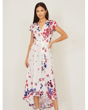 Yumi' Floral Mirror Wrap Dress With Dip Hem Dress - White