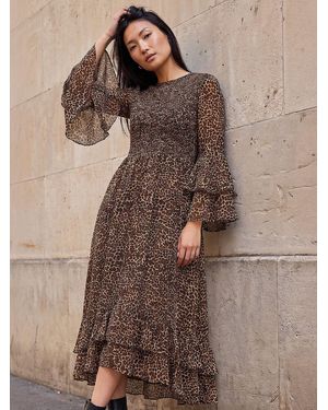 Roman Animal Frill Sleeve Midi Dress - Braun