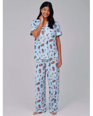 Loungeable Pasta Food Graphic Short Sleeve Shirt And Pants Button Through Pajama Set - Blue