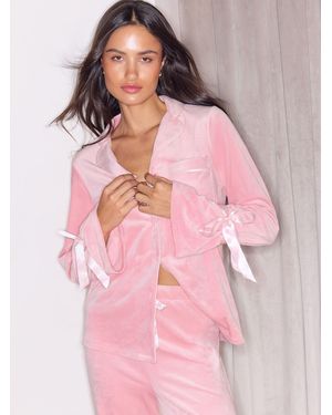 Lipsy Velvet Button Through Bow Embroidered Detail Pyjamas Set - Pink