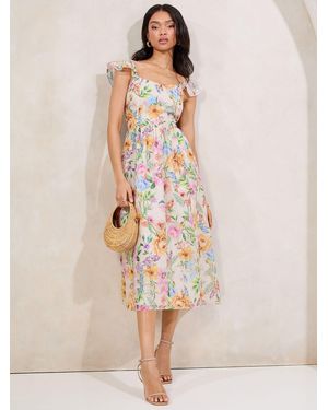 Lipsy Petite Angel Sleeve Off The Body Square Neck Midi Dress - Natural