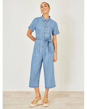 Yumi' Chambray Light Denim Button Jumpsuit - Blue
