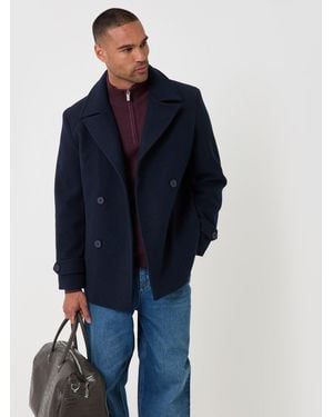 Threadbare Faux Wool Double Breasted Short Trench Coat - Blue