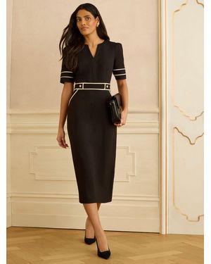 Love & Roses Contrast Trim V-Neck Column Midi Dress - Natural