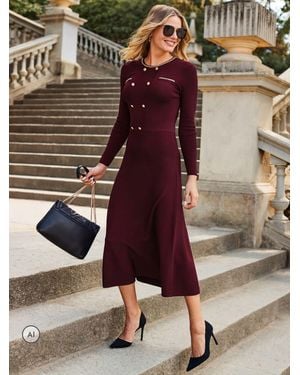 Sosandar Button & Chain Detail Fit & Flare Knitted Dress - Brown