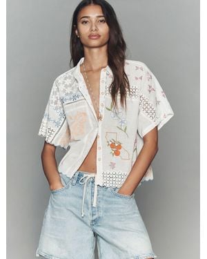 Anthropologie Floral Cotton Embroidered Buttondown Shirt - Gray