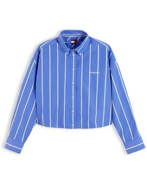 Tommy Hilfiger Oversized Fit Cropped Gathered Poplin Shirt - Blue
