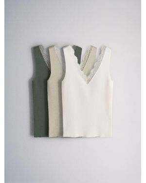 theset The Set 3 Pack V-Neck Lace Trim Vests Khaki/Stone - White