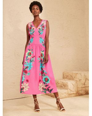 Love & Roses Linen V-Neck Drop Waist Midi Dress - Pink