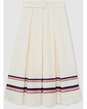 Reiss Rian - Cream Cotton Stripe-detail Belted Midi Skirt, Us 2 - White