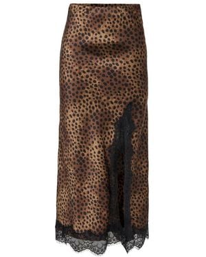 ONLY Leopard Print Lace Detail Satin Midi Skirt - Brown