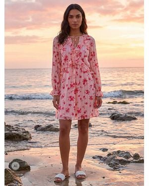 Roman Rose Print Ruffle V-Neck Smock Dress - Pink