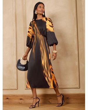 Love & Roses Golden Abstract Print Satin Midi Dress - Brown