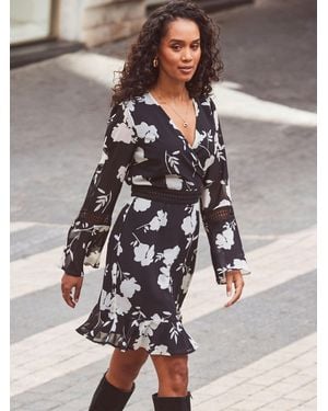 Sosandar Floral Print Lace Trim Faux Wrap Dress - Gray