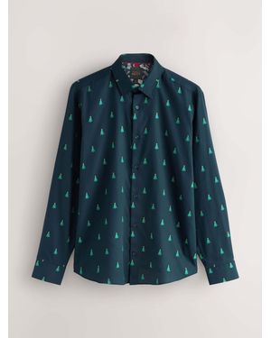 Next Regular Fit 100% Cotton Embroidered Long Sleeve Christmas Shirt - Blue