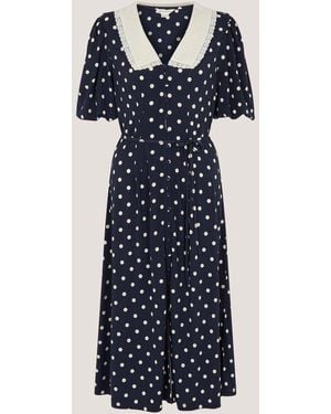 Monsoon Stella V-Neck Polka Dot Short Sleeve Jersey Midi Dress With Lacy Collar - Blue