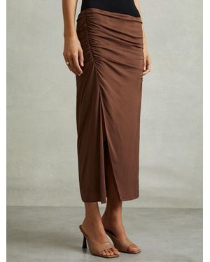 Reiss Ruched Front Split Midi Skirt - Brown