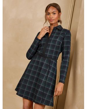 Love & Roses Collared Check Ponte Long Sleeve Mini Dress - Blue