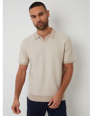 Threadbare Textured Stripe Trophy Neck Knitted Polo Shirt - Natural