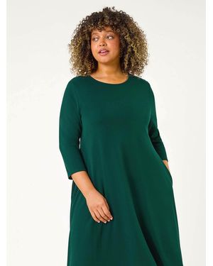 Roman Curve Pocket Detail Swing Stretch Dress - Green