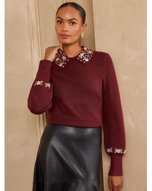 Love & Roses Burgundy Floral Sequin Embellished Collar Cozy Knitted Party Sweater - Red