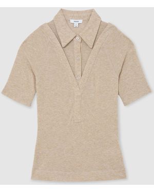 Reiss Oatmeal Neutral Shona Collar-Insert Jersey-Knit Top With Wool - Natural