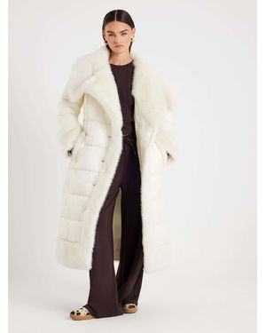 River Island Faux Fur Collar Padded Longline Jacket - Natural