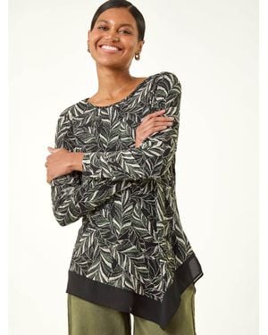 Roman Leaf Puff Print Stretch Top - Green