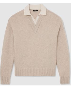 Reiss Wool V-Neck Contrast-Collar Sweater - Natural