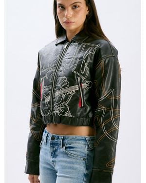 TRUE RELIGION Relaxed Embroidered Buddha Faux Pu Jacket - Gray