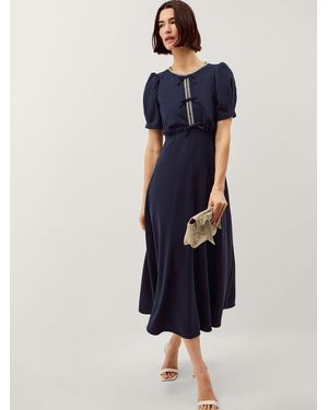 Monsoon Bonnie Bow Puff Sleeve Midi Dress - Blue