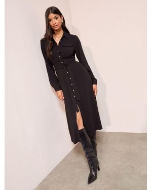 Friends Like These Petite Long Sleeve Button Through Collar Midi Shirt Dress - Natural