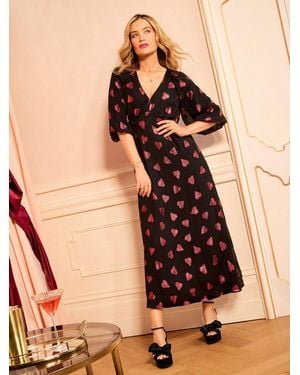 Love & Roses Petite V-Neck Puff Sleeve Midi Dress - Black