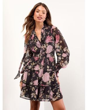 Lipsy Print V-Neck Long Sleeves Tiered Mini Dress - Multicolor