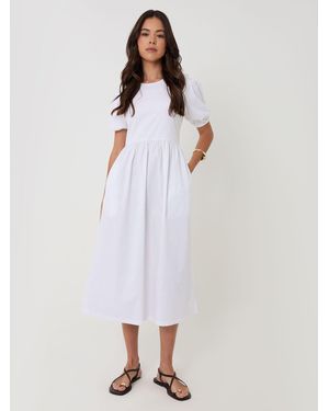 Threadbare Puff Sleeve Jersey Poplin Maxi Dress - White