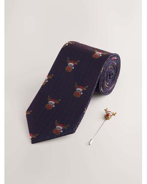 Next Novelty Rudolph Christmas Tie With Lapel Pin - Blue