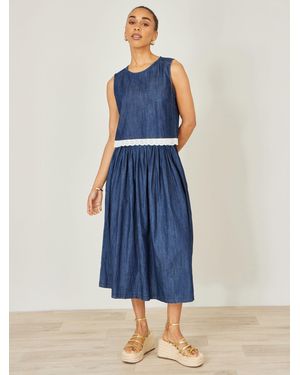 Yumi' Denim Chambray Gathered Midi Skirt - Blue